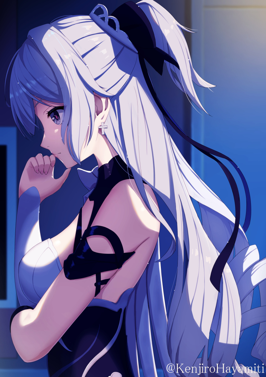 arm_under_breasts artist_name black_dress breasts bronya_zaychik bronya_zaychik_(silverwing:_n-ex) closed_mouth dress drill_hair earrings female grey_eyes grey_hair hand_on_own_chin highres honkai_(series) honkai_impact_3rd jewelry kenjirohayamiti large_breasts long_hair single_sleeve solo upper_body very_long_hair white_sleeves