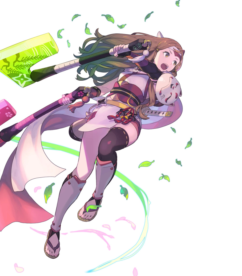 armor asymmetrical_legwear asymmetrical_sleeves axe battle_axe breasts brown_eyes brown_hair detached_sleeves dual_wielding elbow_gloves enkyo_yuuichirou female fingerless_gloves fire_emblem fire_emblem_fates fire_emblem_heroes fox_mask full_body gloves hana_(fire_emblem) hana_(ninja)_(fire_emblem) headband highres holding holding_weapon japanese_clothes leaf long_hair looking_away mask medium_breasts ninja non-web_source obi official_art open_mouth pelvic_curtain sandals sash scarf shin_guards shoulder_armor shuriken solo sword thighhighs thighs tied_hair toes transparent_background uneven_legwear uneven_sleeves weapon