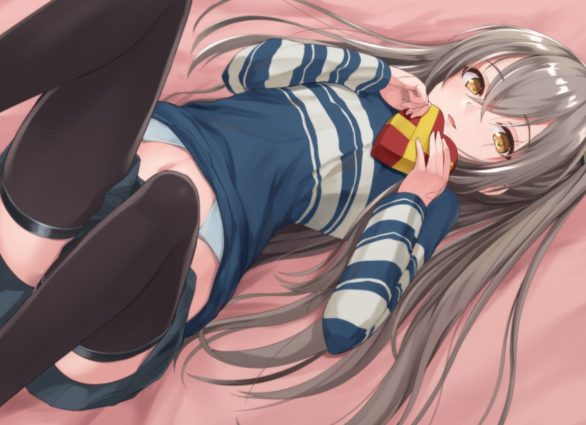 akabane_hibame black_thighhighs blue_sweater box commentary_request crossed_bangs female flat_chest gift gift_box girls'_frontline grey_hair heart-shaped_box long_hair midriff official_alternate_costume on_bed open_mouth partial_commentary scar scar_across_eye scar_on_face skirt sweater thighhighs thighs ump45_("just_this_time.")_(girls'_frontline) ump45_(girls'_frontline) valentine yellow_eyes