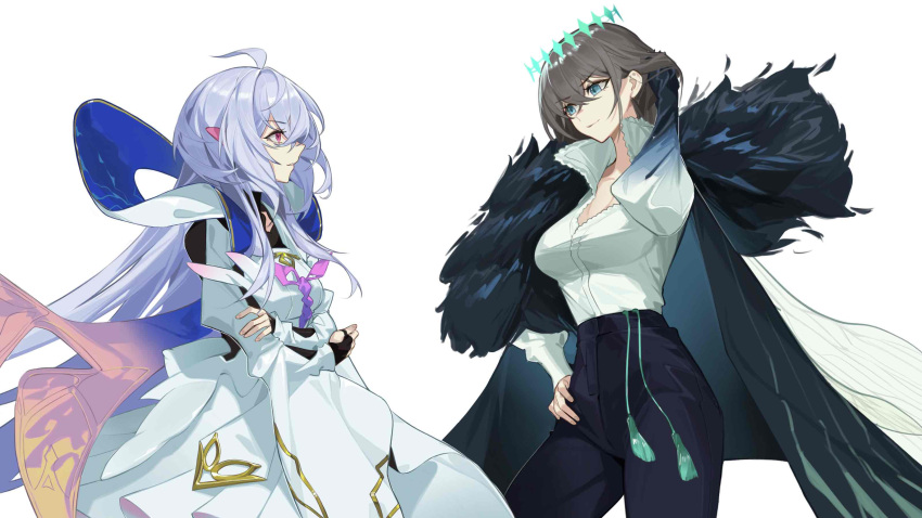 2girls absurdres ahoge black_gloves black_hair black_pants blue_eyes blue_hair breasts cleavage cloak closed_mouth cowboy_shot crossed_arms crown diamond_hairband dress fate/grand_order fate/grand_order_arcade fate/prototype fate_(series) fingerless_gloves fur-trimmed_cloak fur_trim genderswap_(mtf) gloves hand_in_own_hair hand_on_own_hip high-waist_pants high_collar highres insect_wings large_breasts light_blue_hair long_hair long_sleeves looking_at_another medium_breasts medium_hair merlin_(fate/prototype) merlin_(fate/prototype)_(third_ascension) multiple_girls oberon_(fate) oberon_(third_ascension)_(fate) pants pink_eyes puffy_long_sleeves puffy_sleeves rule_63 shirt sidelocks simple_background spoilers standing very_long_hair white_background white_dress white_shirt wide_sleeves wings xianyu_liang