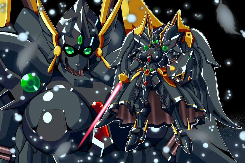 absurdres alternate_color angelg breasts energy_sword green_eyes highres holding holding_sword holding_weapon large_breasts looking_at_viewer mecha mechanical_skirt mechanical_wings meganeon multiple_views no_humans parted_lips robot shield standing super_robot_wars super_robot_wars_original_generation sword weapon wings