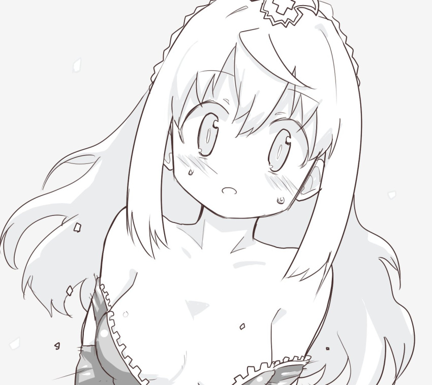 blush breasts crown female greyscale highres jeanne_flamel long_hair looking_at_viewer mahou_shoujo_madoka_magica mahou_shoujo_tart_magica medium_breasts monochrome open_mouth simple_background solo sonohi210 sweat unzipped wardrobe_malfunction white_background