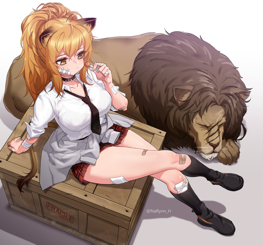 animal animal_ears arknights arm_support bandages bandaid bandaid_on_cheek bandaid_on_face black_footwear black_socks blonde_hair breasts brown_eyes candy clothes_around_waist collar collarbone collared_shirt commentary_request crate crossed_legs dress_shirt female food from_above highres holding holding_candy holding_food holding_lollipop jacket jacket_around_waist kneehighs large_breasts lion lion_ears lion_tail lollipop long_hair miniskirt narynn necktie plaid plaid_skirt pleated_skirt ponytail red_skirt shirt shoes siege_(arknights) sitting skirt socks solo tail thighs white_shirt