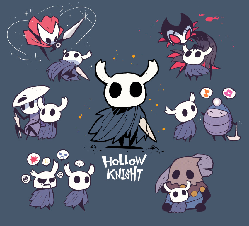 ... 1other 3boys 3girls absurdres blue_cape cape cloth_(hollow_knight) copyright_name glint grimm_(hollow_knight) highres holding holding_pickaxe holding_weapon hollow_eyes hollow_knight hornet_(hollow_knight) horns knight_(hollow_knight) looking_at_viewer mask mask_on_head multiple_boys multiple_girls musical_note myla_(hollow_knight) nail_(hollow_knight) needle_(hollow_knight) old_nail_(hollow_knight) pickaxe quirrel rariatto_(ganguri) red_cape sitting smile spoken_ellipsis spoken_expression spoken_musical_note spoken_squiggle squiggle weapon zote