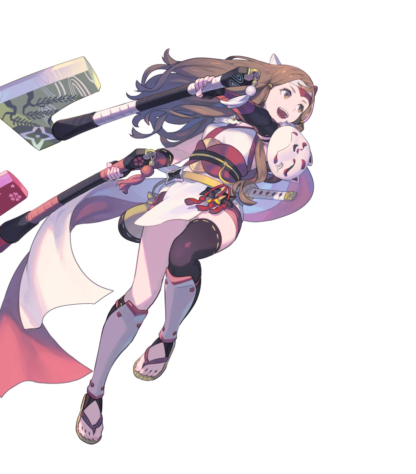 armor asymmetrical_legwear asymmetrical_sleeves axe battle_axe breasts brown_eyes brown_hair detached_sleeves dual_wielding elbow_gloves enkyo_yuuichirou female fingerless_gloves fire_emblem fire_emblem_fates fire_emblem_heroes fox_mask full_body gloves hana_(fire_emblem) hana_(ninja)_(fire_emblem) headband highres holding holding_weapon japanese_clothes long_hair looking_away mask medium_breasts ninja non-web_source obi official_art open_mouth pelvic_curtain sandals sash scarf shin_guards shoulder_armor shuriken smile solo sword thighhighs thighs tied_hair toes transparent_background uneven_legwear uneven_sleeves weapon