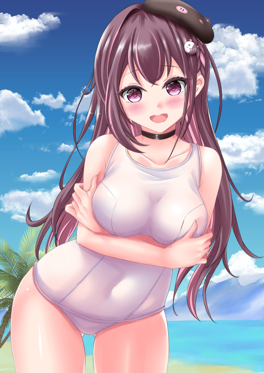 :d bare_arms bare_shoulders beret black_choker black_hat blue_sky blush braid breasts brown_hair choker cloud collarbone commentary_request commission copyright_request covered_navel day female hat highres kaze_makase long_hair looking_at_viewer medium_breasts multicolored_hair outdoors palm_tree pink_hair purple_eyes skeb_commission sky smile solo streaked_hair tilted_headwear tree very_long_hair virtual_youtuber water