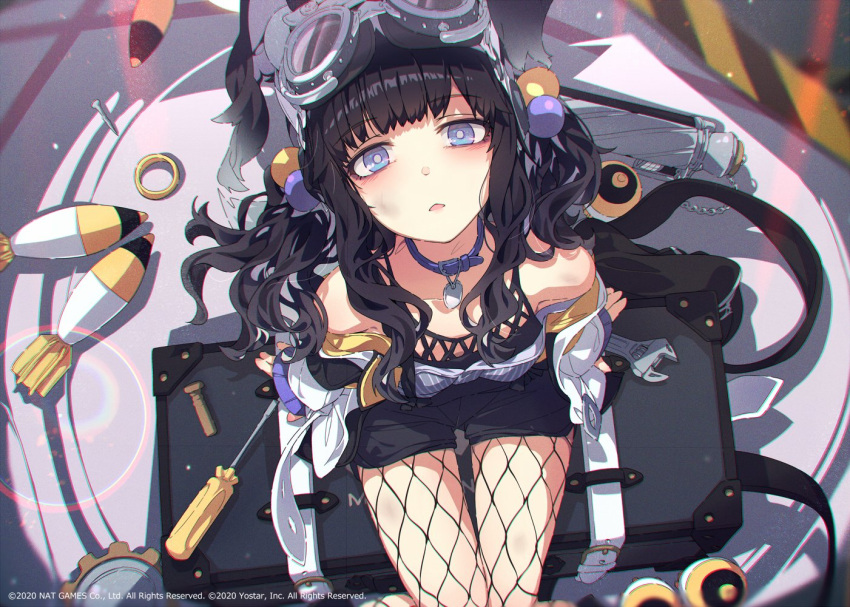 ammunition animal_ears black_hair blue_archive blue_eyes blush breasts collar dog_ears dog_girl dog_tail female fishnet_pantyhose fishnets from_above gears goggles goggles_on_head hair_bobbles hair_ornament halo hibiki_(blue_archive) jacket long_hair looking_at_viewer mortar_(weapon) mortar_shell official_art ogipote pantyhose purple_eyes screwdriver sitting solo tail wrench