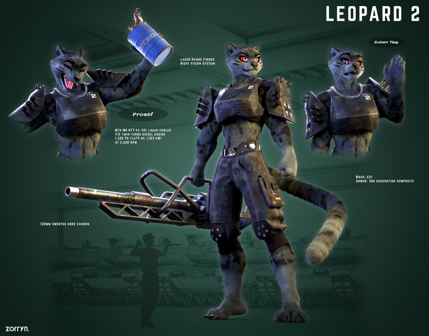 3d_(artwork) abstract_background alternate_species anthro armor artist_name barefoot barrel belt bottomwear breastplate camo camo_print cannon clothed clothing cross diesel_(fuel) digital_media_(artwork) english_text feet felid female fluffy fluffy_tail fuel full-length_portrait fur furrification german german_flag gesture green_background grey_body grey_fur hi_res human iron_cross knee_pads larger_female leopard_2 leopard_2a5 macro male mammal mecha_musume military open_mouth pantherine pants portrait ranged_weapon red_sclera rheinmetall_rh-120 shoulder_guards simple_background size_difference smaller_male snow_leopard solo spaulder speech_bubble tail tank teeth text toasting vehicle waving weapon zorryn