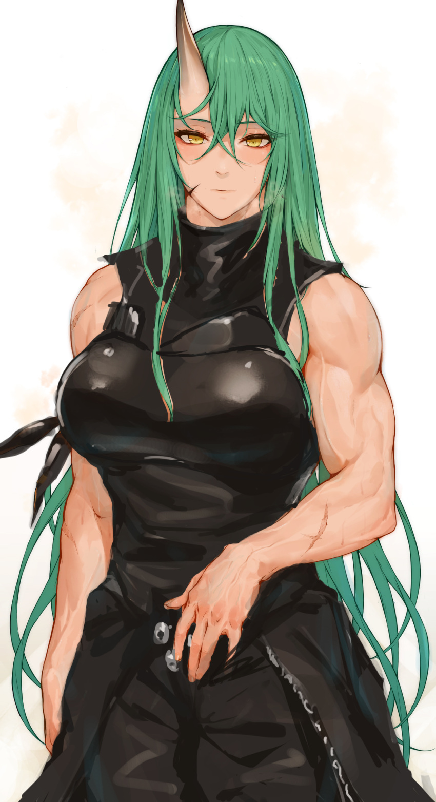 alternate_muscle_size arknights bare_shoulders biceps black_cape black_pants black_shirt blush breasts cape female green_hair hair_between_eyes highres horns hoshiguma_(arknights) large_breasts laserflip long_hair looking_at_viewer muscular muscular_female pants scar scar_on_cheek scar_on_face shirt single_horn skin-covered_horns sleeveless sleeveless_shirt solo thighs very_long_hair waist_cape yellow_eyes