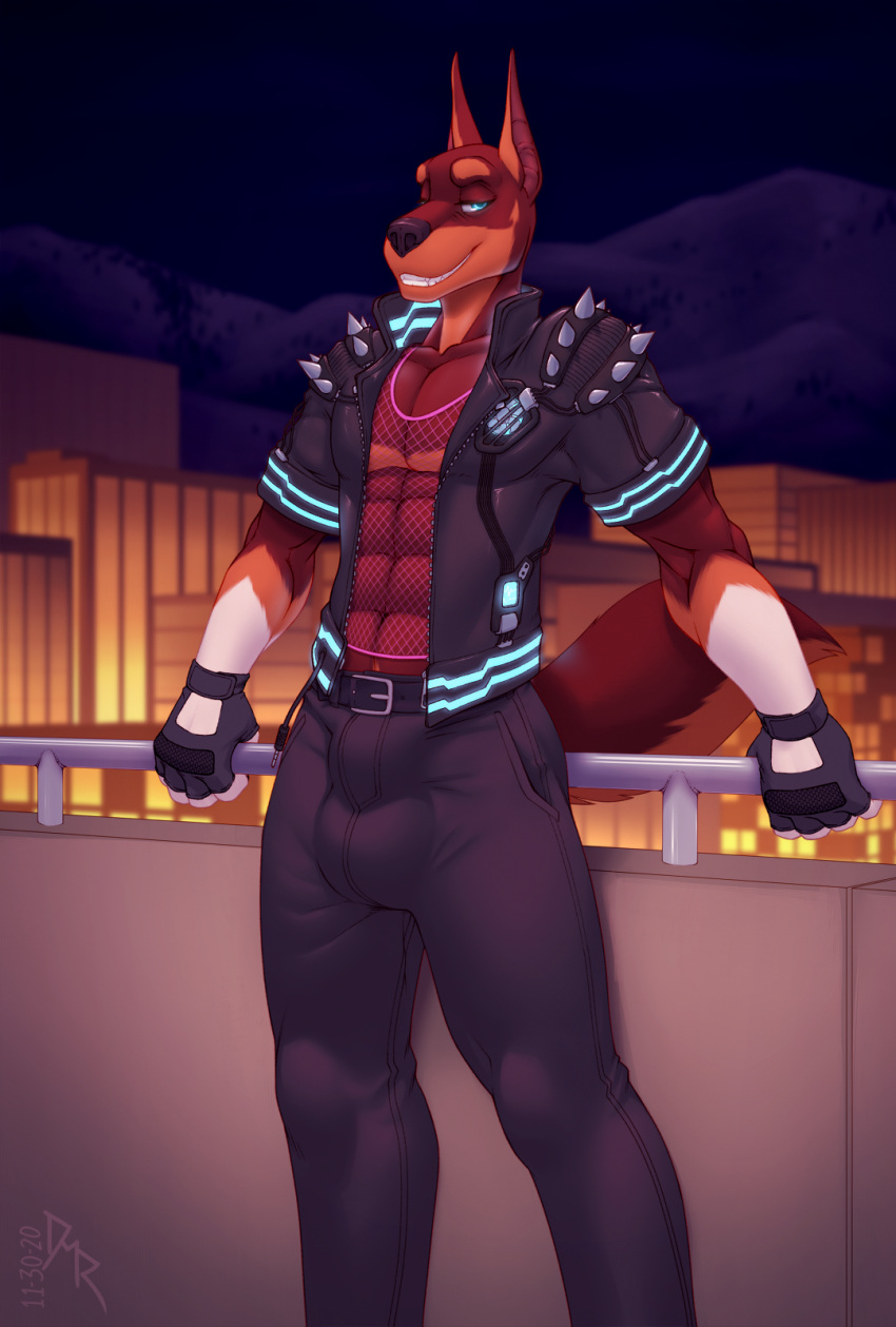 2020 alternate_version_at_source anthro athletic athletic_anthro athletic_male blue_eyes bottomwear brown_body brown_fur canid canine canis city clothed clothing dobermann domestic_dog draft_horse equid equine fur furtshi gloves handwear hi_res hoodie horse hybrid junker male mammal night outside pinscher shire solo standing topwear