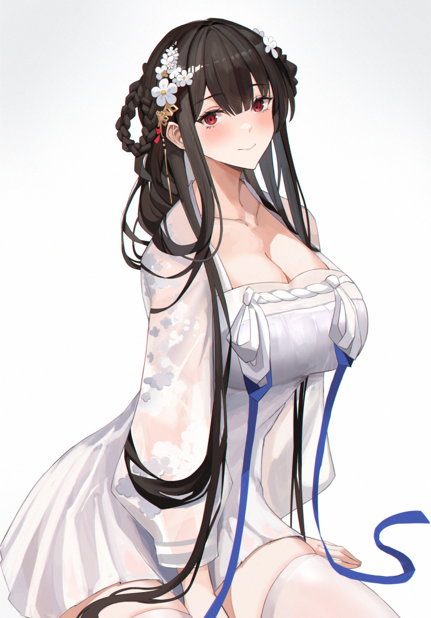 azur_lane between_legs bilei black_hair blush braid breasts chinese_clothes chinese_commentary cleavage_cutout clothing_cutout commentary female flower hair_flower hair_ornament hand_between_legs hanfu highres large_breasts long_hair long_sleeves looking_at_viewer official_alternate_costume qixiong_ruqun red_eyes ruqun simple_background sitting solo thighhighs twin_braids very_long_hair white_thighhighs yat_sen_(azur_lane) yat_sen_(paragon_of_celestial_grace)_(azur_lane) zettai_ryouiki