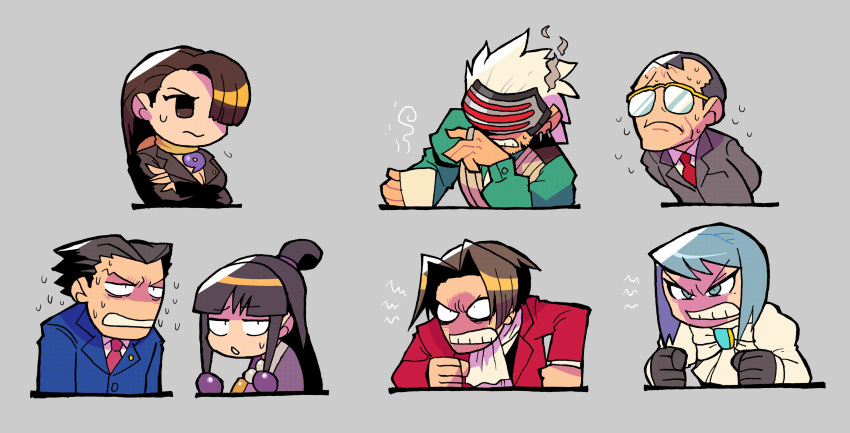 3girls 4boys absurdres blue_eyes blue_hair blue_jacket breasts brown_hair cleavage clenched_teeth closed_mouth commentary crossed_arms cup dress earrings flying_sweatdrops glasses godot_(ace_attorney) grey_background gyakuten_saiban hair_over_one_eye hair_slicked_back highres holding jacket jewelry jitome juliet_sleeves karuma_mei long_hair long_sleeves looking_at_viewer maya_fey mia_fey miles_edgeworth mole mole_under_eye multiple_boys multiple_girls naruhodou_ryuuichi necktie no_mole one_eye_covered opaque_glasses over-rim_eyewear parted_lips puffy_sleeves rariatto_(ganguri) red_necktie ring semi-rimless_eyewear simple_background symbol-only_commentary teeth tomoe_(symbol) topknot visor white_hair winston_payne yellow-framed_eyewear