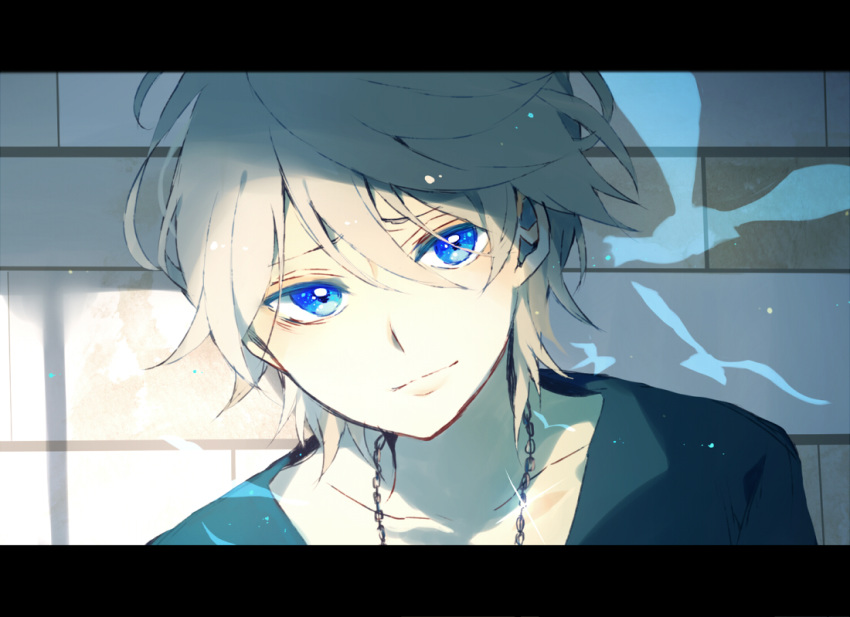 1boy aldnoah.zero black_shirt blonde_hair blue_eyes closed_mouth glint hair_between_eyes head_tilt jewelry letterboxed looking_at_viewer male_focus necklace satsuki_(miicat) shirt slaine_troyard smile solo