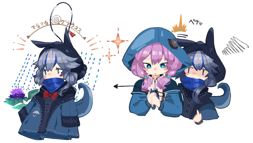 2girls animal_ears arknights blue_eyes blue_hair blue_poison_(arknights) blue_poison_(elite_ii)_(arknights) blush commentary glaucus_(arknights) highres hood hood_up hooded_jacket jacket jitome long_sleeves low_twintails multicolored_hair multiple_girls pink_hair ryu_(17569823) shirt slug_girl streaked_hair symbol-only_commentary tail teruterubouzu twintails white_shirt