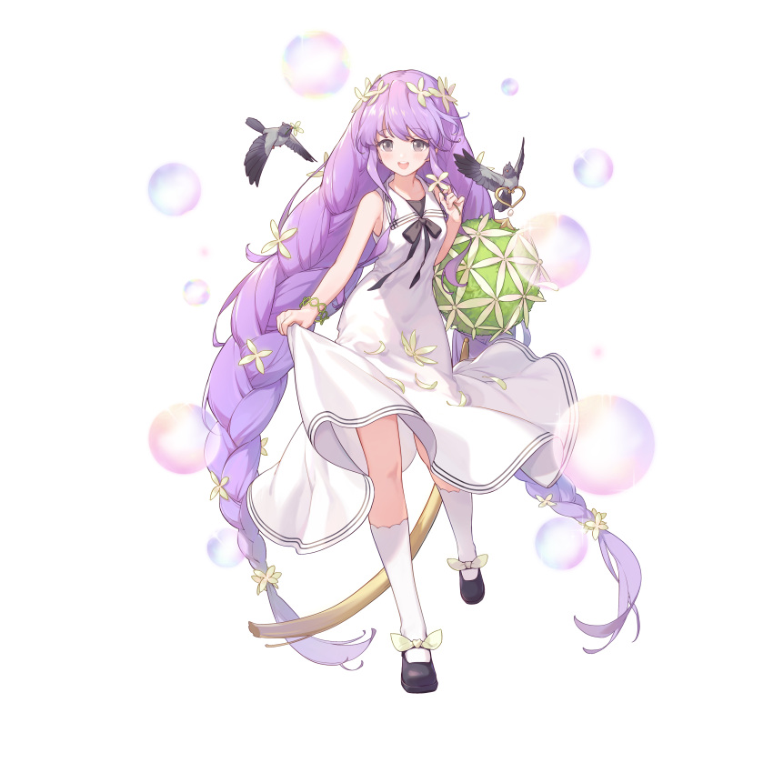 absurdres bird braid dress female flower full_body grey_eyes hair_flower hair_ornament hand_up highres holding holding_flower illusion_connect jasmine_(illusion_connect) long_hair mary_janes official_art open_mouth purple_hair shoes simple_background smile socks solo standing standing_on_one_leg third-party_source transparent_background twin_braids very_long_hair white_dress