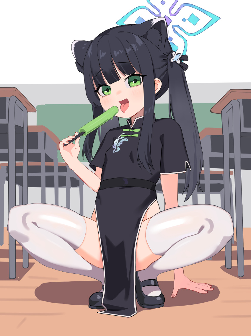 absurdres animal_ears bangs black_dress black_footwear blue_archive blunt_bangs breasts china_dress chinese_clothes classroom cokeanut10 desk dress female food full_body green_eyes hair_ornament highres indoors mary_janes open_mouth popsicle sexually_suggestive shoes short_sleeves shun_(blue_archive) shun_(small)_(blue_archive) sidelocks small_breasts spread_legs squatting thighhighs tiger_ears tongue tongue_out white_thighhighs