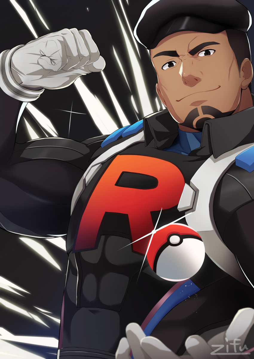 1boy bara black_bodysuit black_eyes black_hat bodysuit cliff_(pokemon) closed_mouth commentary covered_abs flexing gloves grey_gloves hat highres looking_at_viewer male_focus muscular muscular_male poke_ball poke_ball_(basic) pokemon pokemon_go pose short_hair skin_tight smile solo team_go_rocket team_rocket team_rocket_uniform zifu