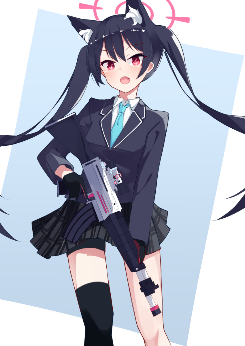 animal_ear_fluff animal_ears assault_rifle beretta_ar70/90 black_gloves black_hair black_skirt black_thighhighs blazer blue_archive blue_jacket blue_necktie blush breasts cat_ears collared_shirt commentary_request cowboy_shot female gloves gun haigoma hair_between_eyes halo highres holding holding_gun holding_weapon jacket long_hair long_sleeves looking_at_viewer miniskirt necktie oerba_yun_fang open_mouth plaid plaid_skirt pleated_skirt red_eyes rifle serika_(blue_archive) shirt single_thighhigh skirt small_breasts solo standing thighhighs twintails two-tone_gloves weapon white_shirt