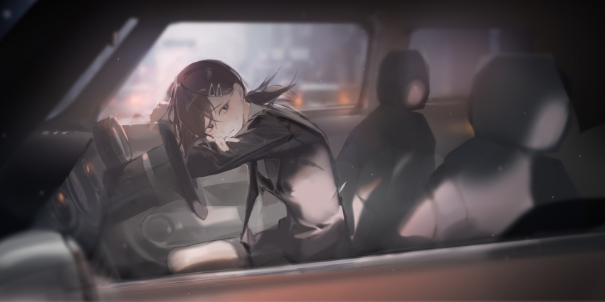 black_eyes black_hair car car_interior chainsaw_man coat commentary_request crossed_arms female hair_ornament hairclip higashiyama_kobeni highres kobeni's_car_(chainsaw_man) kumatangent mole mole_under_eye mole_under_mouth motor_vehicle ponytail rear-view_mirror shirt short_hair side-view_mirror sitting solo steering_wheel window