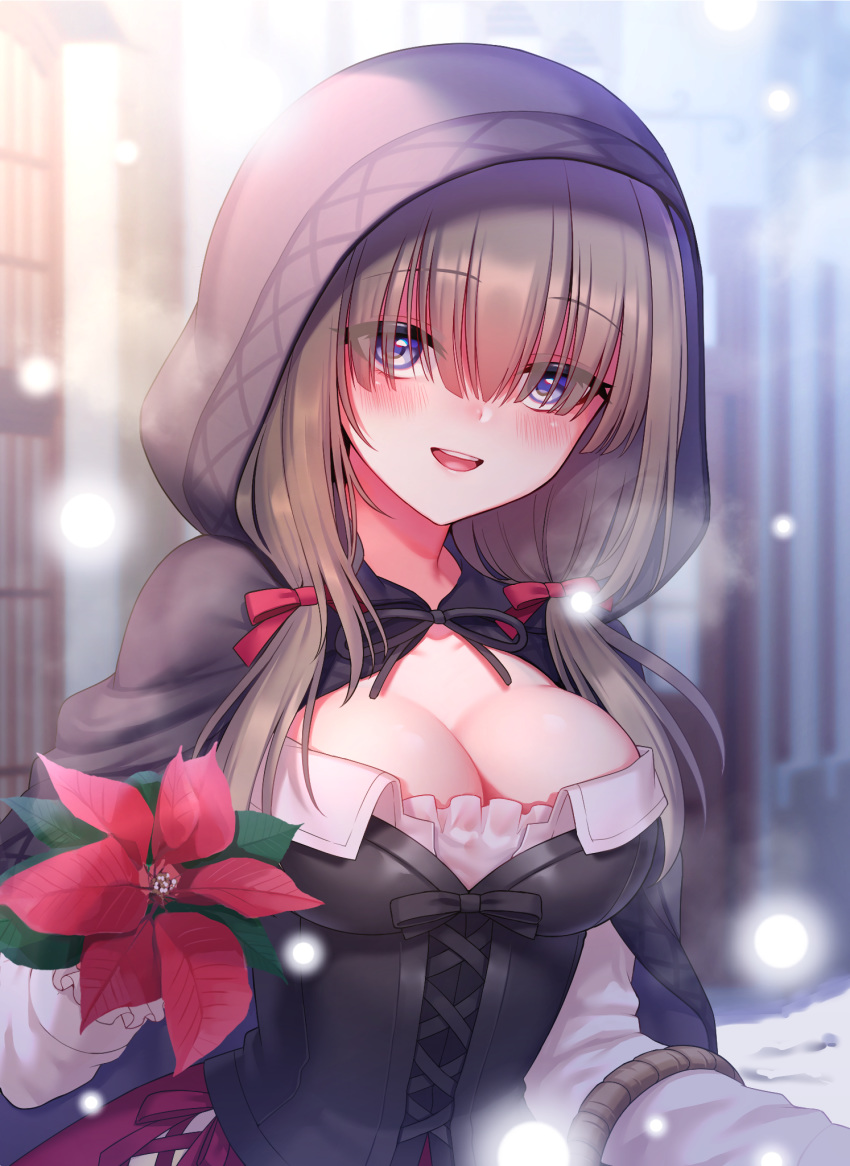 :d blurry blurry_background blush breasts breath brown_hair cleavage commentary_request corset depth_of_field eyebrows_visible_through_hair eyes_visible_through_hair female flower frilled_sleeves frills hair_over_eyes highres holding holding_flower hood hood_up hoshina_meito long_hair long_sleeves looking_at_viewer low_twintails medium_breasts open_mouth original outdoors purple_eyes red_flower smile solo twintails upper_body