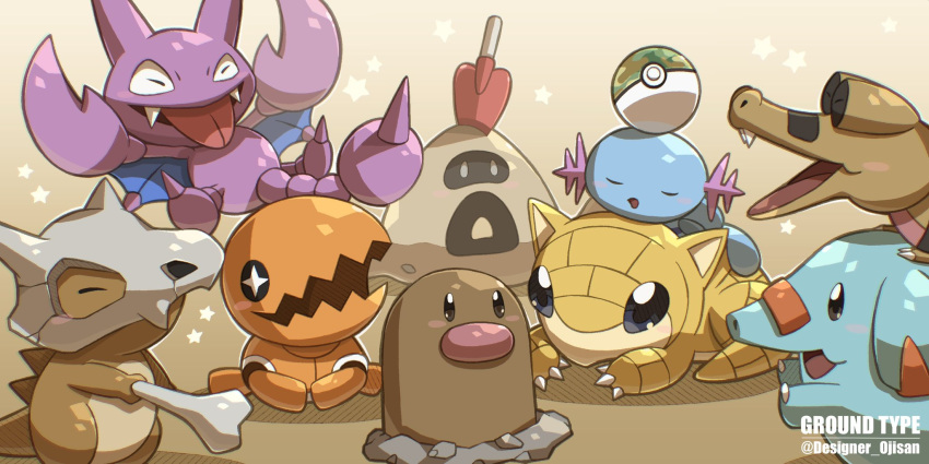 +_+ bad_id bad_twitter_id black_eyes claws closed_eyes commentary cubone designer_ojisan diglett fangs gligar happy highres no_humans open_mouth phanpy poke_ball pokemon pokemon_(creature) safari_ball sandile sandshrew sandygast star_(symbol) tongue tongue_out trapinch twitter_username wavy_mouth wooper