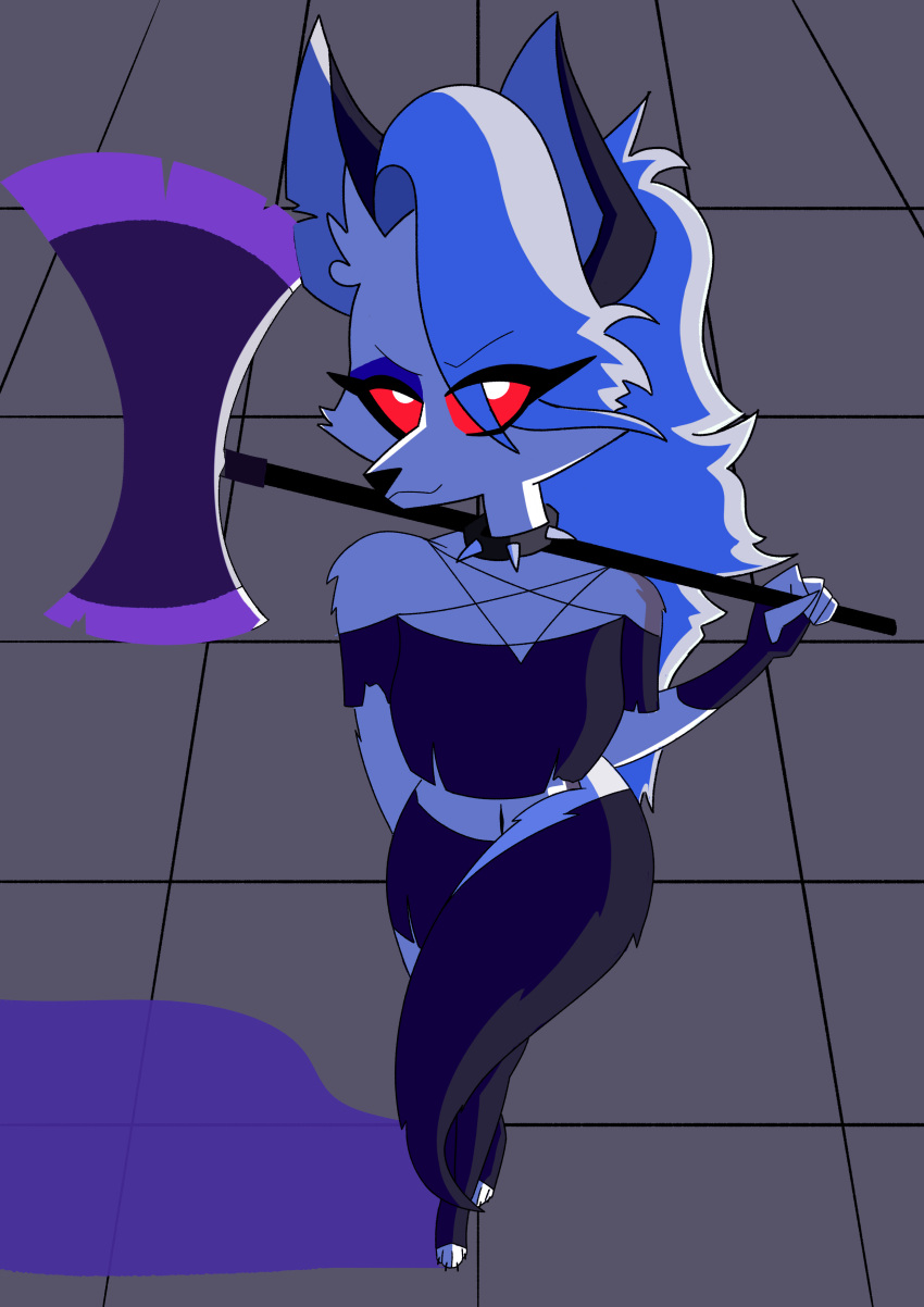 2023 absurd_res anthro arm_tuft axe battle_axe breasts canid canid_demon canine cheek_tuft clothed clothing demon digital_drawing_(artwork) digital_media_(artwork) ear_tuft evil_look facial_tuft female fully_clothed grey_hair grid_floor grin hair hellhound helluva_boss hi_res long_hair looking_at_viewer loona_(helluva_boss) mammal melee_weapon mythological_canine mythological_creature mythology navel neckwear notched_ear polearm pupils red_sclera shaded shoulder_tuft simple_background small_breasts smile solo square_grid standing tail tail_tuft torn_clothing tourdeleanie tuft weapon weapon_on_shoulder white_pupils wielding_weapon