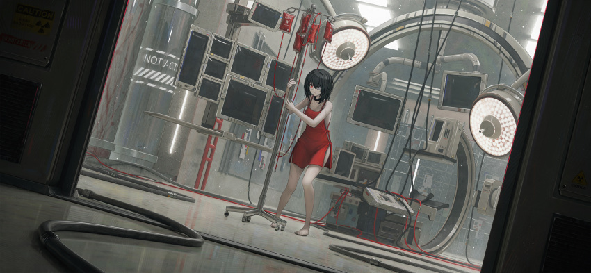 absurdres aer7o bare_arms bare_shoulders barefoot black_collar black_hair blood blood_bag cable chinese_commentary collar collarbone commentary dress english_text eyepatch female highres indoors medical_eyepatch monitor original parted_lips radioactive red_dress red_eyes short_hair sign sleeveless sleeveless_dress solo standing