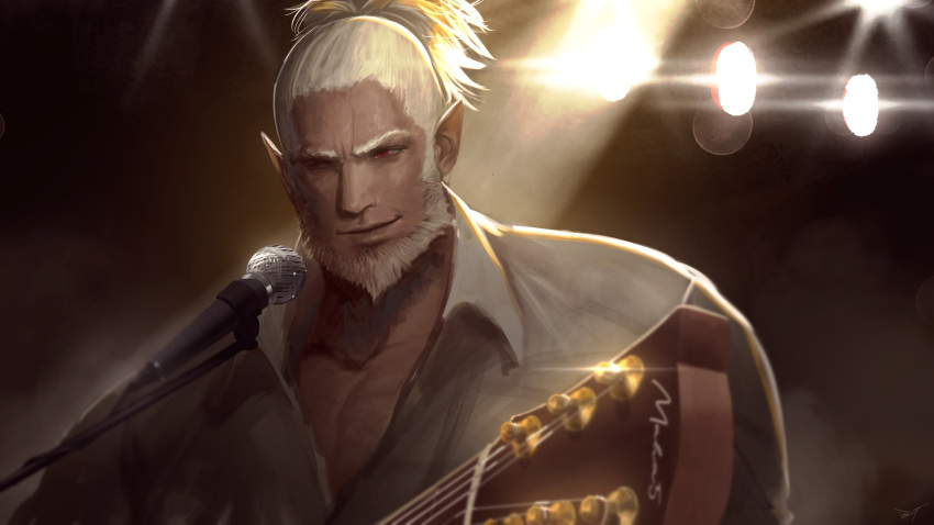 1boy beard dark-skinned_male dark_skin ex-trident facial_hair guitar hair_behind_ear highres holding holding_instrument instrument maha5 male_focus microphone pointy_ears realistic red_eyes shirt smile solo tied_hair virtual_youtuber white_hair white_shirt zen_gunawan