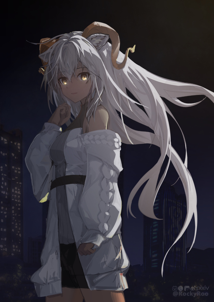 absurdres animal_ears arknights beeswax_(arknights) beeswax_(weisser_sand)_(arknights) black_shorts building cardigan dark-skinned_female dark_skin female goat_ears goat_girl goat_horns grey_shirt hand_up highres horns long_hair looking_at_viewer night night_sky off_shoulder official_alternate_costume open_cardigan open_clothes outdoors rockyroo shirt shorts sky skyscraper solo twitter_username white_cardigan white_hair yellow_eyes