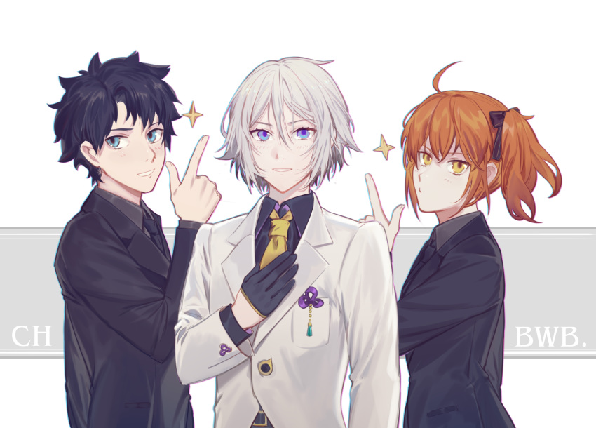 2boys bad_id bad_pixiv_id black_hair blue_eyes csyday fate/grand_order fate_(series) female formal fujimaru_ritsuka_(female) fujimaru_ritsuka_(female)_(royal_brand) fujimaru_ritsuka_(male) fujimaru_ritsuka_(male)_(royal_brand) gloves grey_hair hair_between_eyes half_gloves hand_on_own_chest highres male_focus multiple_boys necktie no_mask orange_hair prince_of_lan_ling_(fate) short_hair side_ponytail sparkle suit yellow_eyes