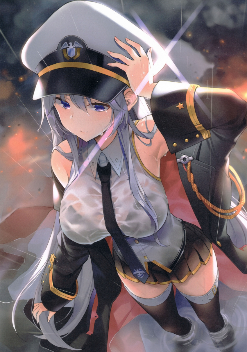 absurdres arm_up armpits azur_lane belt black_bra black_coat black_footwear black_necktie black_skirt blush boots bra breasts coat embers enterprise_(azur_lane) female from_above grey_hair hair_between_eyes hand_on_headwear hat highres large_breasts long_hair long_sleeves looking_at_viewer miniskirt mirei necktie off_shoulder peaked_cap photoshop_(medium) pleated_skirt purple_eyes rain scan see-through shirt skirt sleeveless sleeveless_shirt smoke solo standing star_(symbol) thigh_boots thighhighs thighs underwear very_long_hair wading water wet wet_clothes wet_shirt white_belt white_hat wide_sleeves zettai_ryouiki