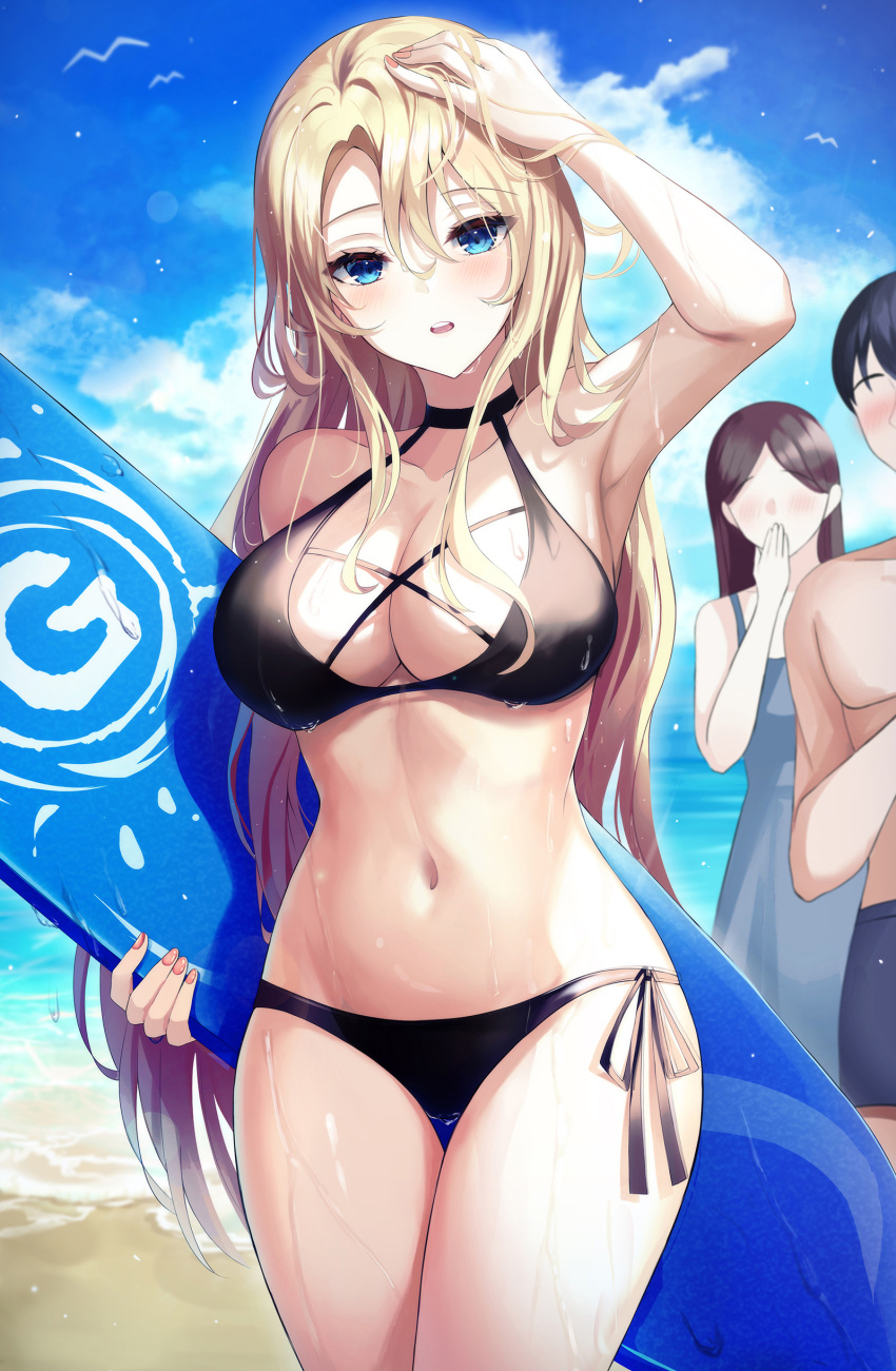 1boy 2girls absurdres arm_up armpits bare_arms bare_shoulders bikini black_bikini blonde_hair blue_eyes breasts cleavage commentary cowboy_shot elsword gongha halterneck highres large_breasts long_hair looking_at_viewer multiple_girls navel outdoors parted_lips prime_operator_(elsword) rose_(elsword) side-tie_bikini_bottom solo_focus standing stomach surfboard swimsuit thigh_gap thighs very_long_hair wet