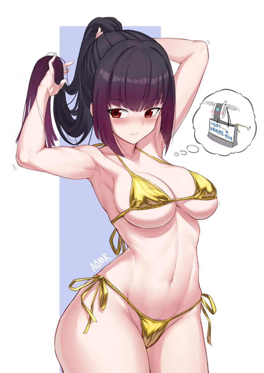 alice_gear_aegis aomoro armpits arms_up bikini black_hair blunt_bangs blunt_ends blush breasts closed_mouth collarbone cowboy_shot eyelashes female female_pubic_hair gold_bikini gradient_hair groin hasami_rika highres large_breasts looking_to_the_side micro_bikini multicolored_hair navel ponytail pubic_hair purple_hair red_eyes revision shadow side-tie_bikini_bottom sidelocks signature skindentation solo swimsuit thighs thought_bubble tying_hair