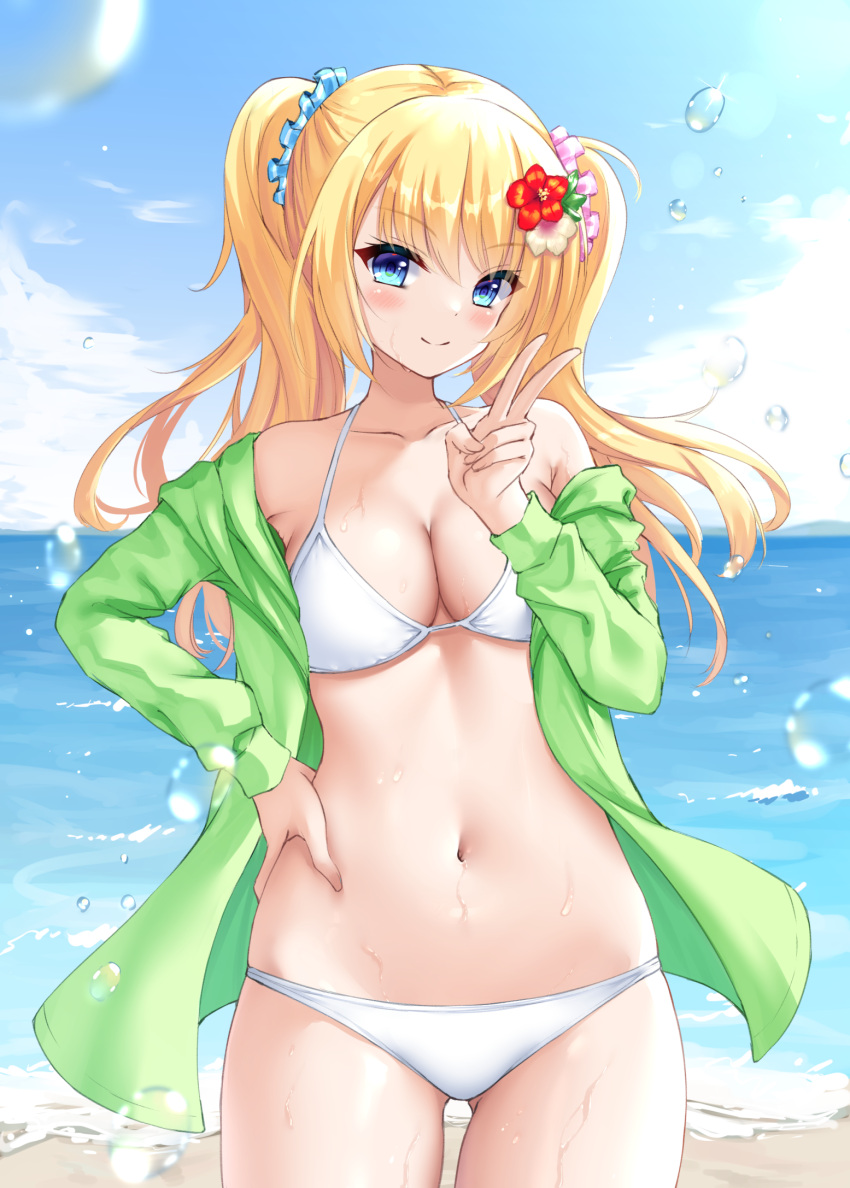 beach bikini blonde_hair blue_eyes blue_sky breasts cleavage cloud commentary_request day female green_jacket hair_flaps hair_ornament hair_scrunchie highres hood hooded_jacket horizon jacket kin-iro_loveriche kisaki_reina long_hair looking_at_viewer medium_breasts ncontrail_(mgax7527) ocean open_clothes open_jacket outdoors scrunchie sky solo standing swimsuit twintails v white_bikini