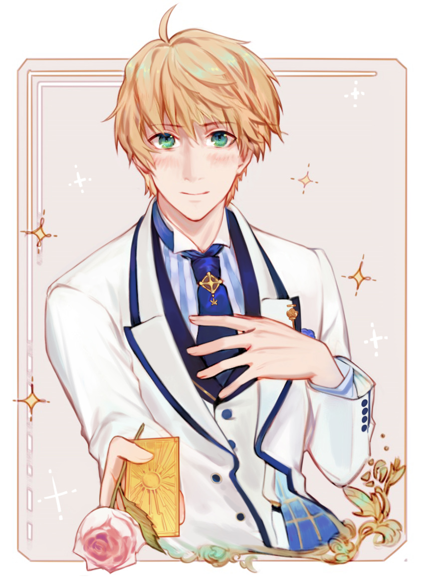 1boy arthur_pendragon_(fate) arthur_pendragon_(white_rose)_(fate) bad_id bad_pixiv_id blonde_hair blue_necktie blush csyday fate/grand_order fate/prototype fate_(series) flower formal gift green_eyes highres male_focus necktie pinstripe_pattern rose solo sparkle striped suit summon_ticket_(fate) white_suit