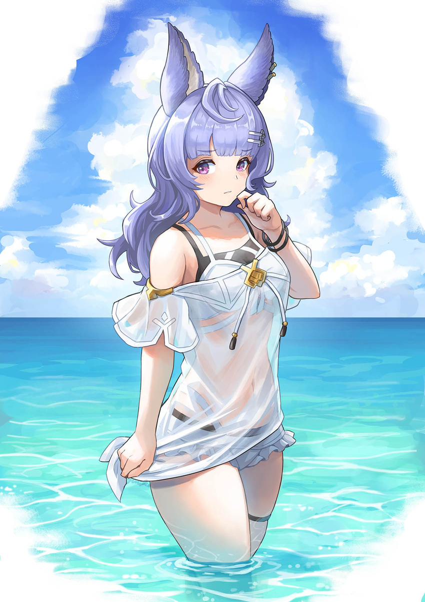 bad_id bad_twitter_id beach blue_hair blue_sky earclip erune female granblue_fantasy hat highres long_hair looking_at_viewer outdoors red_eyes skindentation sky solo straw_hat sun_hat thighs tight_clothes tikoh water yuiko_(yuiyuiko_108)