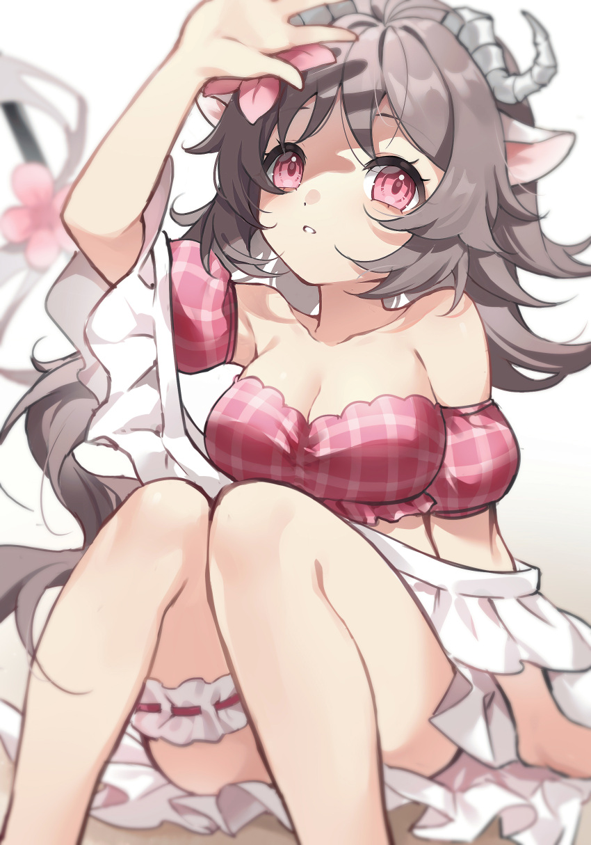 absurdres animal_ears arknights bandeau bare_arms bare_shoulders bikini breasts bridal_garter brown_hair chinese_commentary cleavage commentary detached_sleeves eyjafjalla_(arknights) eyjafjalla_(summer_flower)_(arknights) feet_out_of_frame female hand_up highres horns knees_together_feet_apart knees_up large_breasts long_hair official_alternate_costume pink_eyes puffy_short_sleeves puffy_sleeves shao_(shaorouhong) sheep_ears sheep_horns short_sleeves solo strapless strapless_bikini swimsuit thighs