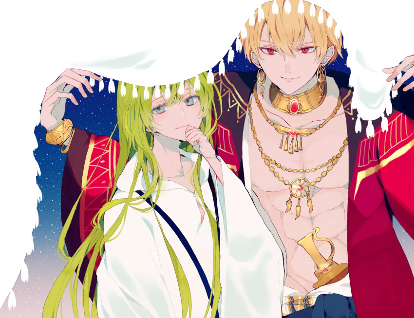 2boys abs bad_id bad_twitter_id blonde_hair blue_pants bracelet closed_mouth earrings enkidu_(fate) fate/strange_fake fate_(series) gilgamesh_(fate) glint gold green_hair grey_eyes hair_between_eyes hand_up highres jewelry long_hair long_sleeves looking_at_viewer multiple_boys multiple_necklaces necklace pants red_eyes robe satsuki_(miicat) sky smile star_(sky) starry_sky tassel very_long_hair white_robe wide_sleeves