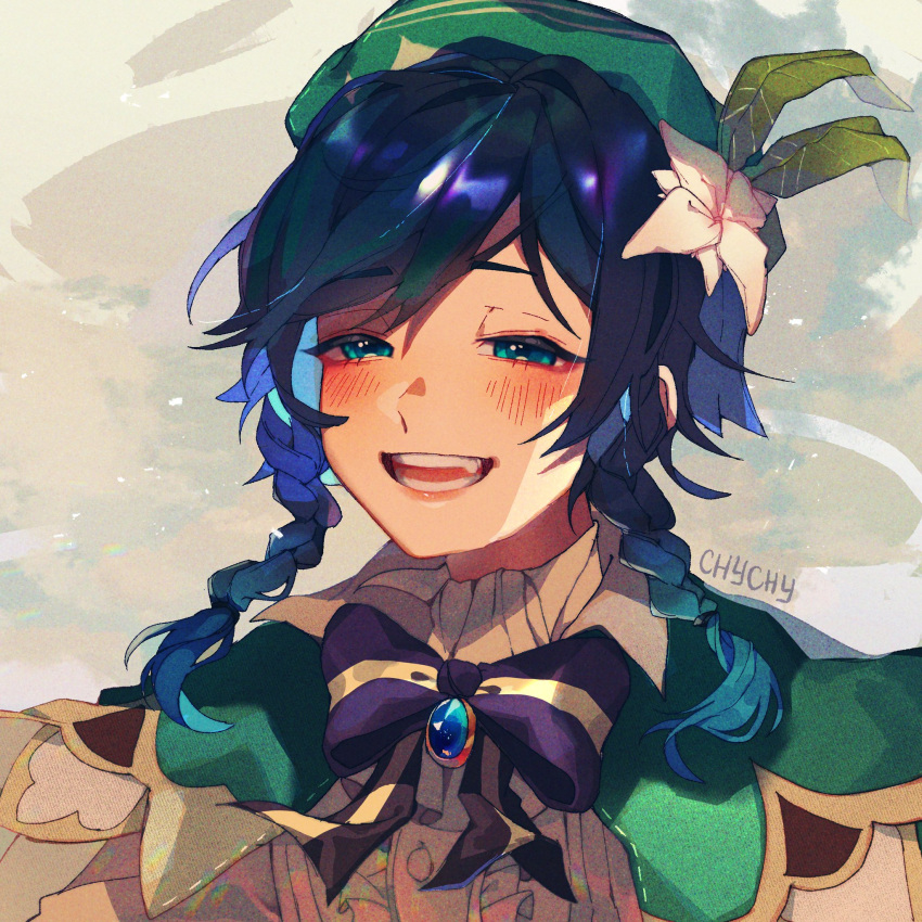 1boy androgynous artist_name beret black_hair blue_hair blush bow braid brooch chicheesticks collared_cape collared_shirt commentary english_commentary flower gem genshin_impact gradient_hair green_eyes green_hat hair_flower hair_ornament hat highres jewelry leaf male_focus multicolored_hair oerba_yun_fang open_mouth shirt short_hair_with_long_locks sidelocks simple_background smile solo twin_braids venti_(genshin_impact) white_flower white_shirt