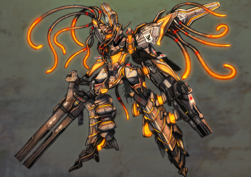 absurdres armored_core armored_core:_verdict_day assault_visor dual_wielding floating graphite_(medium) gun highres holding holding_gun holding_weapon horns looking_down mecha n-wgix/v no_humans nogi-guchi_shiromizu robot single_horn solo tentacle traditional_media weapon