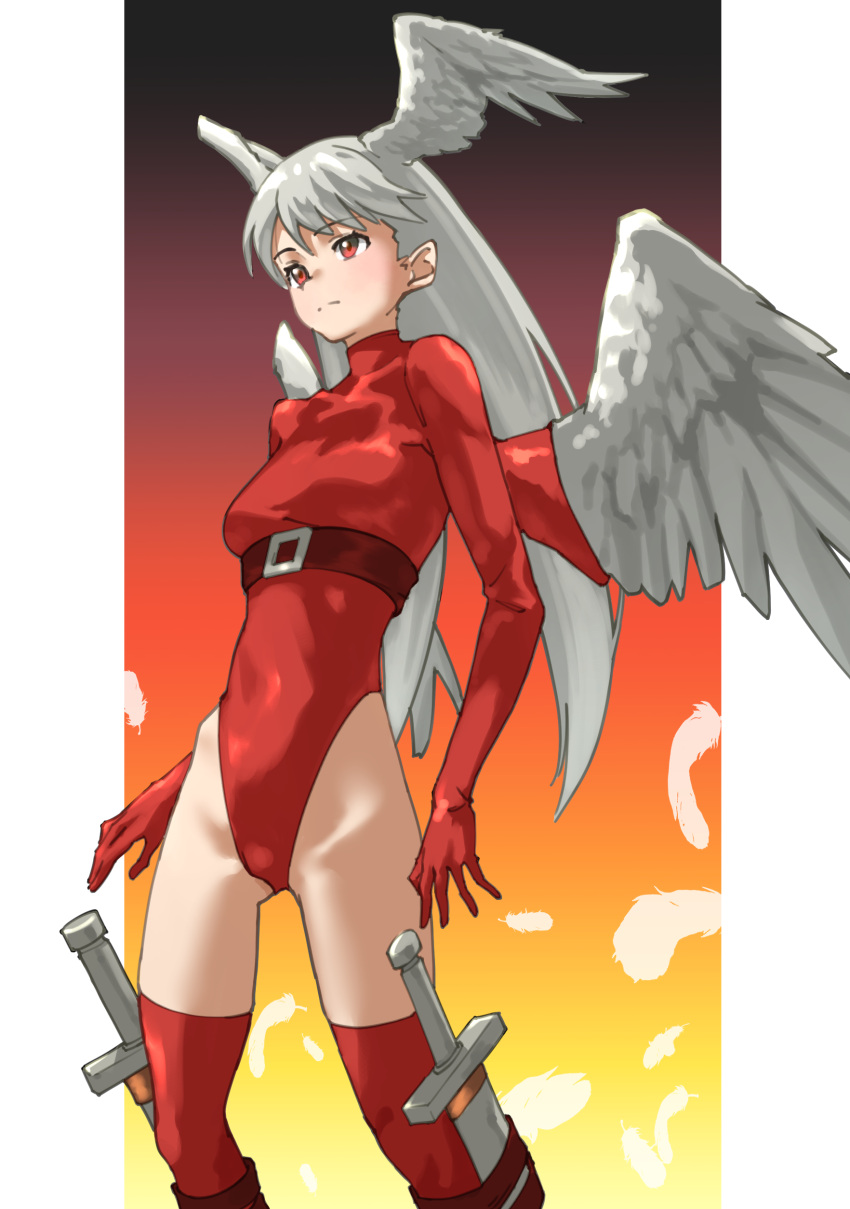 absurdres angel_wings belt breasts commentary feathers female final_fantasy final_fantasy_tactics gradient_background grey_hair head_wings highleg highleg_leotard highres leotard long_hair looking_away medium_breasts multiple_wings red_eyes red_leotard red_thighhighs simple_background solo sword tanabe_(fueisei) thighhighs ultima_(fft) weapon white_wings wings