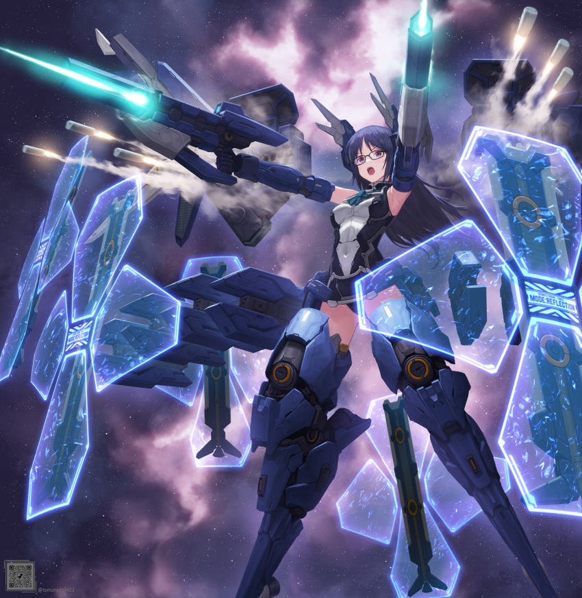 :o alice_gear_aegis blue_hair breasts commentary_request covered_navel dual_wielding energy_barrier energy_shield female glasses gun highres holding leotard long_hair mecha_musume medium_breasts missile missile_pod missile_trail momoshina_fumika open_mouth purple_eyes science_fiction skin_tight smoke smoke_trail solo tom-neko_(zamudo_akiyuki) weapon