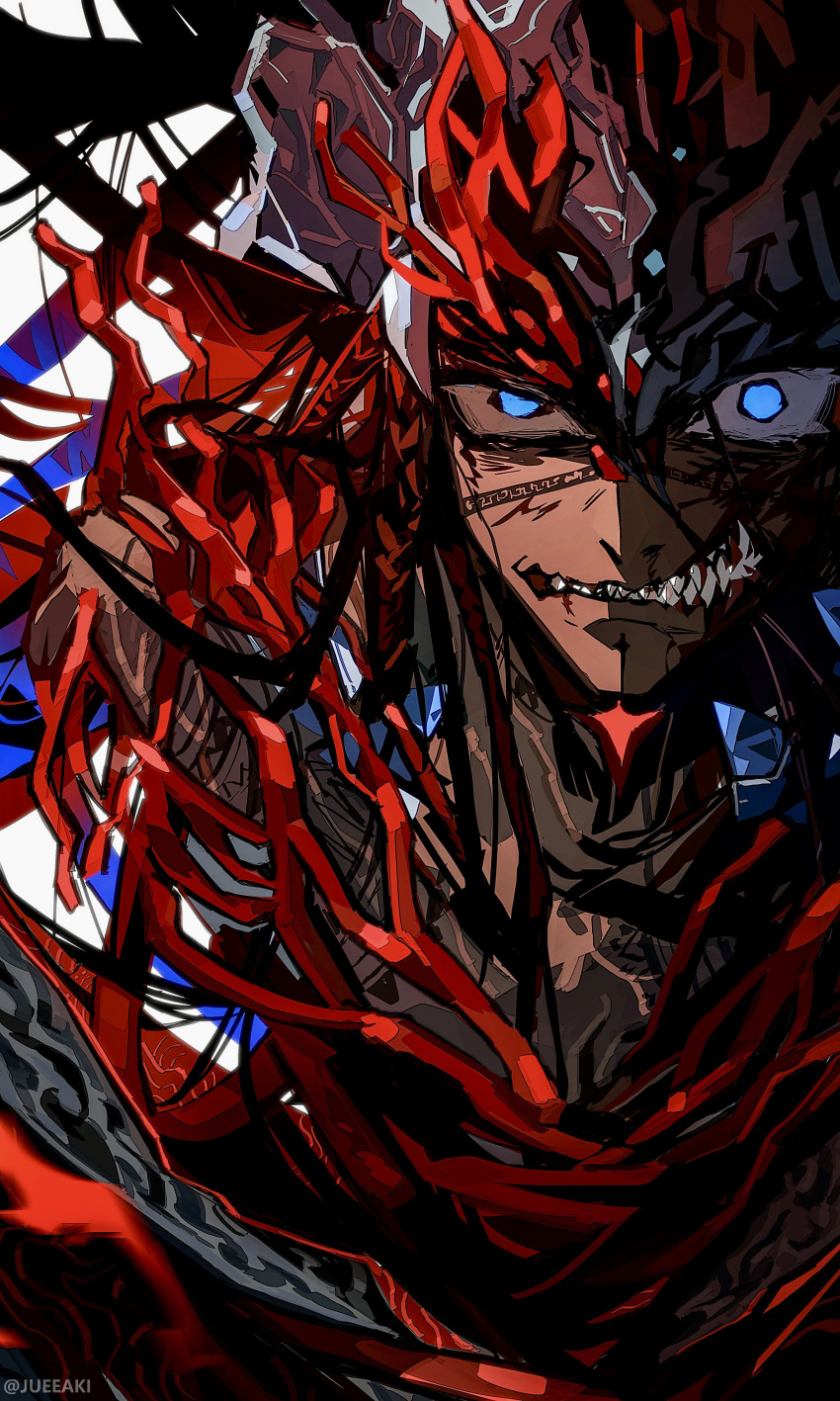 1boy absurdres black_hair blood_vessels blue_eyes camazotz_(fate) clenched_teeth crazy_eyes dark-skinned_male dark_skin eeju fate/grand_order fate_(series) glaring highres long_hair looking_at_viewer male_focus sharp_teeth simple_background solo tattoo teeth twitter_username uneven_eyes upper_body white_background wide-eyed