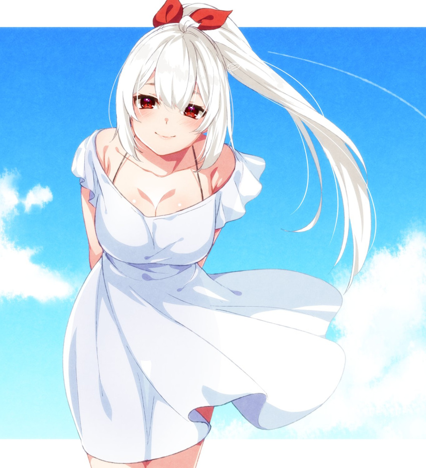 arms_behind_back bare_shoulders blue_sky blush bow breasts cleavage closed_mouth cloud cowboy_shot dress female hairbow highres leaning_forward long_hair looking_at_viewer medium_breasts nyanmaru_(ememing) original platinum_blonde_hair ponytail red_bow red_eyes see-through sky smile solo sundress white_dress