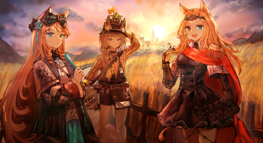 3girls absurdres animal_ears archetto_(arknights) arknights bad_id bad_pixiv_id beanstalk_(arknights) blonde_hair blue_nails bow braid brown_hair cape cat_ears cat_girl dress drill_hair ears_visible_through_hair epaulettes flower folded_fan folding_fan gloves hachiko_(0088) hairbow hand_fan hat heterochromia highres hyena_ears hyena_girl iris_(arknights) long_hair md5_mismatch metal_crab_(arknights) multiple_girls oerba_yun_fang resolution_mismatch rotated shorts skin_fang smile sunset wheat_field yellow_gloves