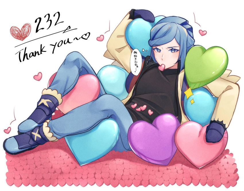 1boy blue_eyes blue_hair blush boots commentary_request eyelashes full_body grusha_(pokemon) heart highres jacket leaning long_sleeves male_focus mittens mocacoffee_1001 mouth_hold open_clothes open_jacket pants pokemon pokemon_sv shirt signature solo thank_you thought_bubble translation_request yellow_jacket