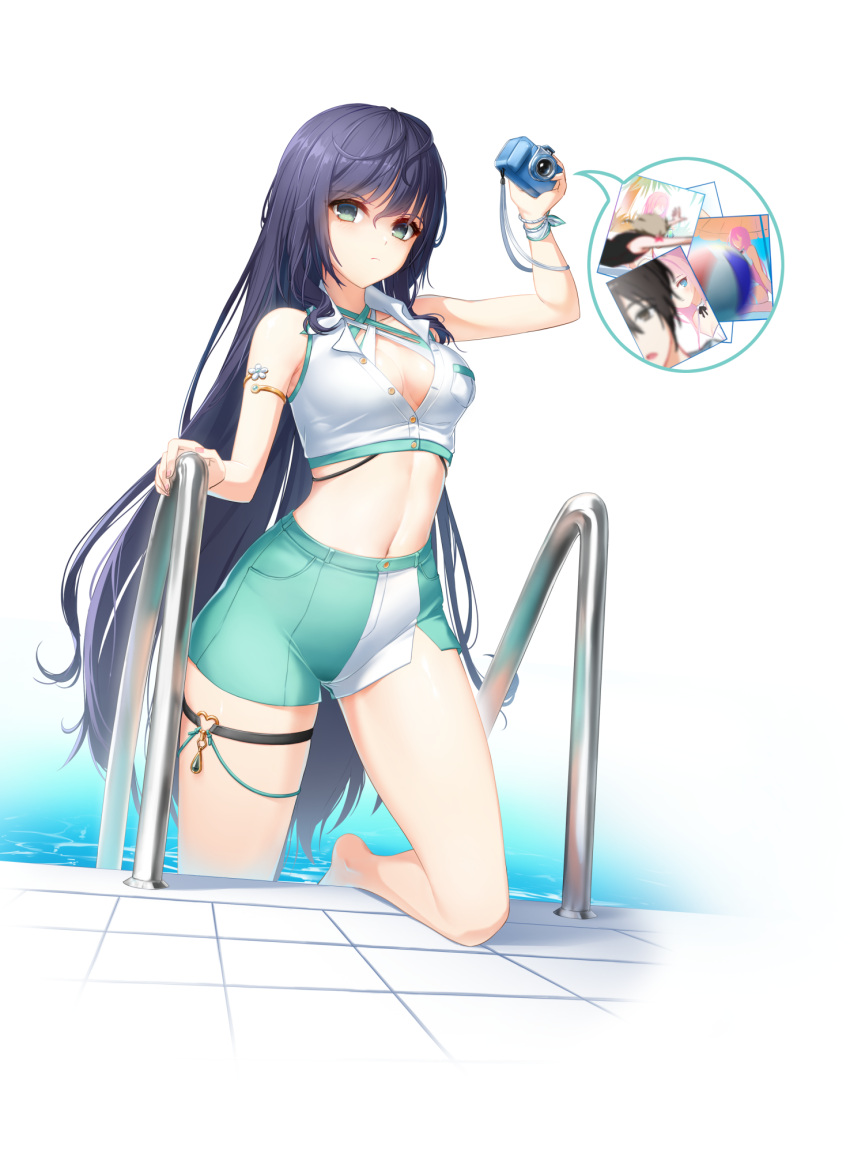 arm_up armlet bare_arms bare_legs bare_shoulders barefoot breast_pocket breasts buttons camera cleavage closed_mouth closers collared_shirt criss-cross_halter crop_top eunha_(closers) female frown green_eyes green_shorts halterneck highres holding holding_camera long_hair looking_at_viewer medium_breasts midriff multi-strapped_bikini_top navel non-web_source official_art partially_unbuttoned pocket pool_ladder purple_hair ribbon seulbi_lee shaded_face shirt short_shorts shorts sleeveless sleeveless_shirt solo speech_bubble stomach thigh_strap thighs very_long_hair white_shirt wrist_ribbon