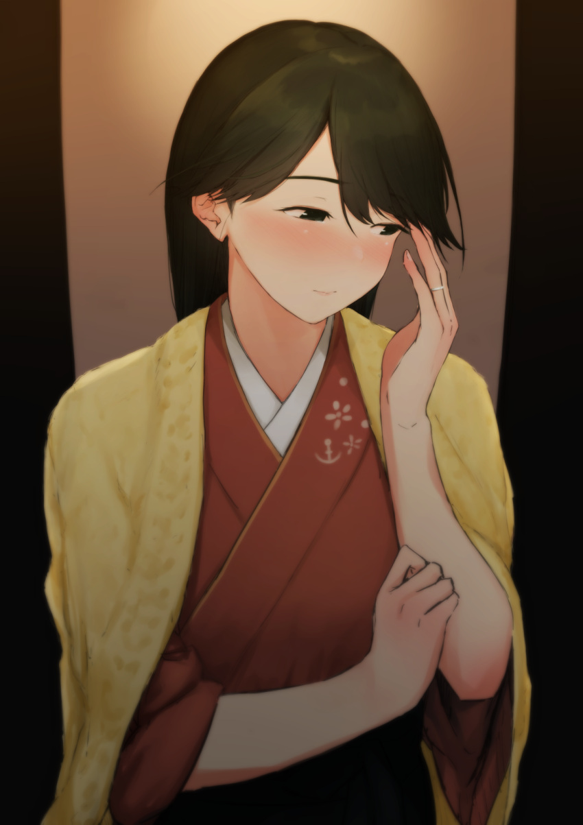 black_hair black_hakama blue_eyes blush commentary_request enoshito female hair_down hakama highres houshou_(kancolle) japanese_clothes jewelry kantai_collection kimono long_hair looking_at_object nose_blush pink_kimono ring solo upper_body wedding_ring