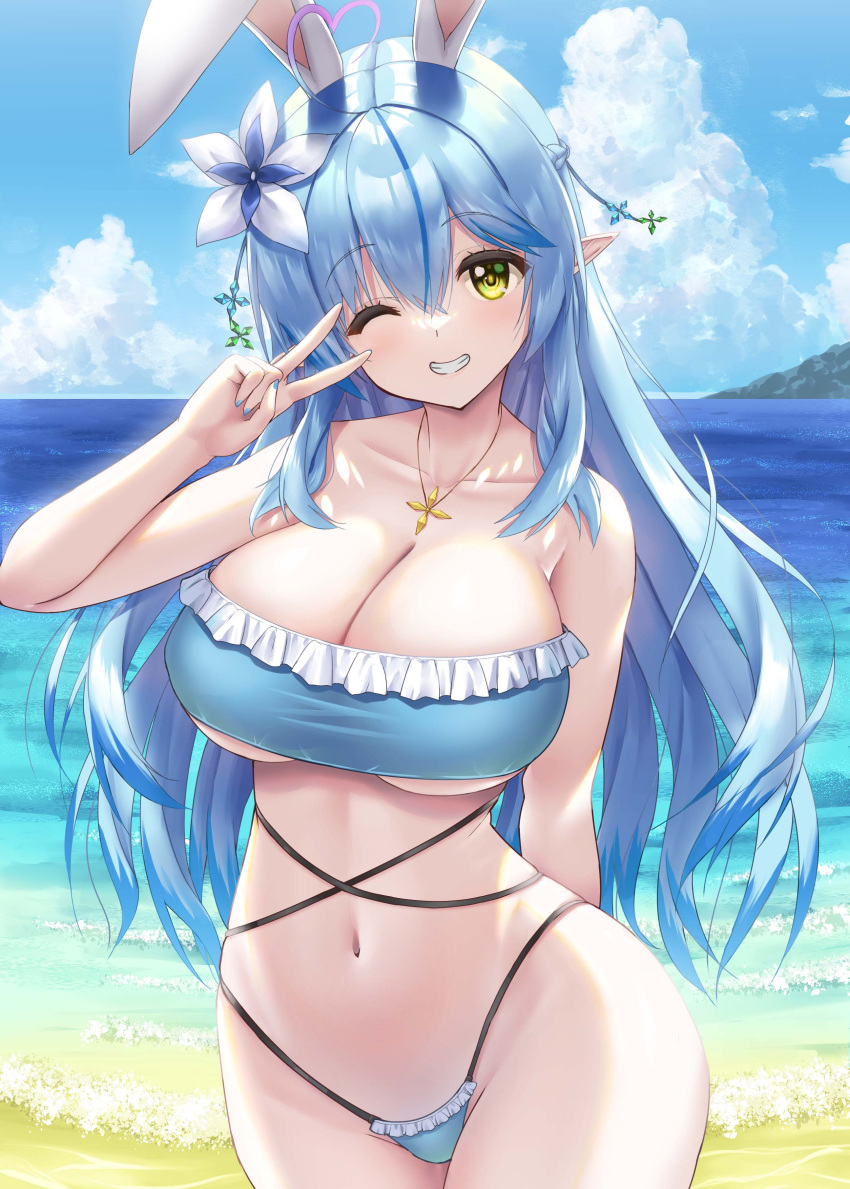 absurdres ahoge animal_ears beach bikini blue_bikini blue_hair blue_sky braid breasts cleavage cloud collarbone colored_tips commentary day fake_animal_ears female flower frilled_bikini frills grin hair_flower hair_ornament half_updo heart heart_ahoge highleg highleg_bikini highres hololive jewelry large_breasts long_hair looking_at_viewer multicolored_hair nail_polish navel necklace ocean one_eye_closed outdoors pointy_ears rabbit_ears side_braid sky smile solo standing streaked_hair swimsuit uehiro v very_long_hair virtual_youtuber yellow_eyes yukihana_lamy