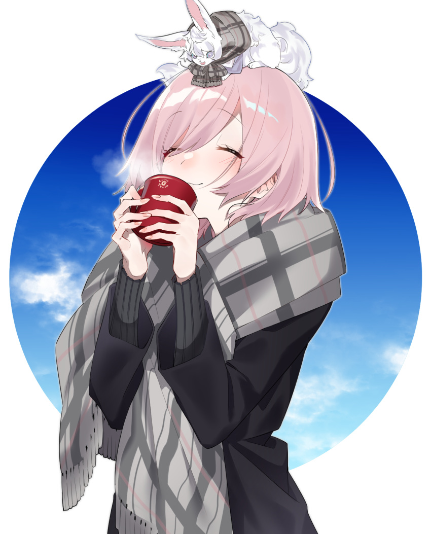 animal animal_on_head blush closed_eyes cloud commentary_request cup fate/grand_order fate_(series) female fingernails fou_(fate) highres holding holding_cup light_purple_hair mash_kyrielight mash_kyrielight_(chaldea_teatime) official_alternate_costume on_head plaid plaid_scarf ribbed_sweater scarf short_hair sino42 sky smile steam sweater swept_bangs upper_body winter_clothes